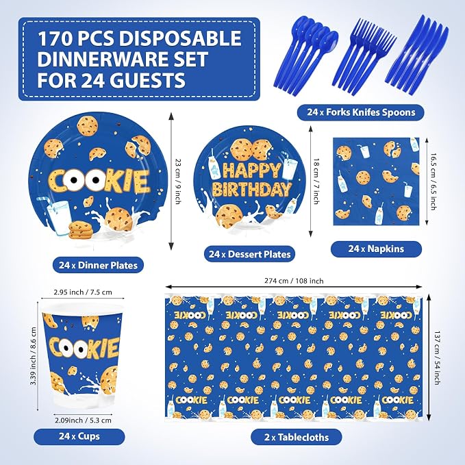 170Pcs Milk and Cookies Birthday Party Decorations Blue Chocolate Chip Milk Cookie Theme Plates Napkins Cups Forks Knives Spoons Tablecloths for Kids Birthday Baby Shower Party Supplies Serves 24