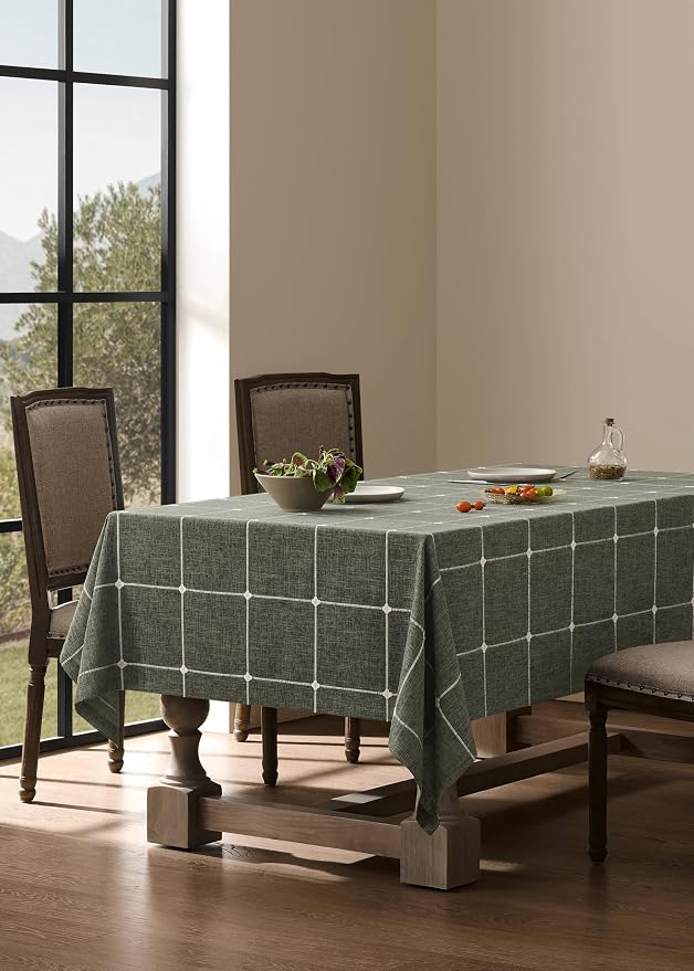 ZeeMart Grid Embroidered Hemmed Tablecloths, Olive 52x70 Inch, Farmhouse Style Heavy Weight Cotton Linen Olive Green Tablecloths, Boho Plaid Water Resistant Rectangle Table Cloth