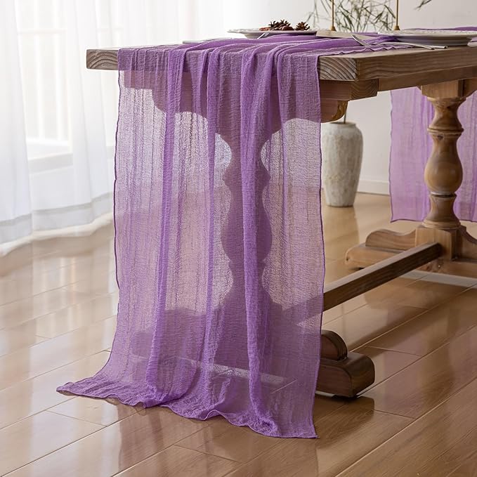 Keketoarrange Spring Table Runner Lavender Gauze Rustic Boho Lilac Cheesecloth Grape Table Runner 120 Inch 10 FT for Wedding Baby Bridal Shower Birthday Party Long Sheer Summer Home Decorations