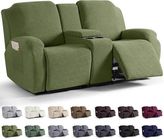 KinCam Loveseat Recliner Covers with Middle Console Slipcover, Recliner Sofa Covers 2 Seat Couch Cover Stripe Jacquard Furniture Protector Covers with Elastic Bottom for Kids, Pets(Olive Green)