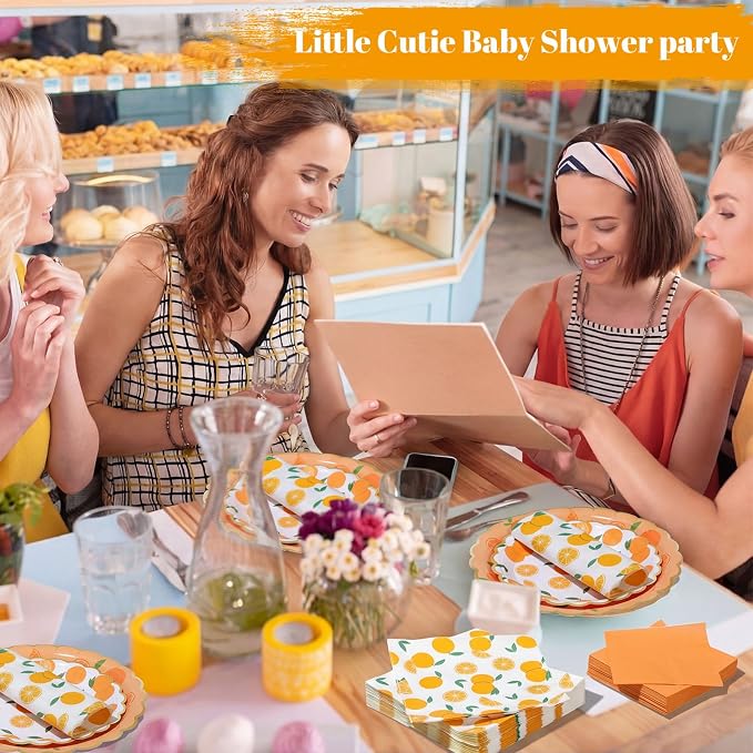 Funnymoom 200 Pcs Orange Citrus Party Supplies Kit Little Cutie Disposable Paper Dinner Dessert Plates Luncheon Napkins Beverage Napkins for Summer Fruit Birthday Baby Shower Wedding Party 50 Guests