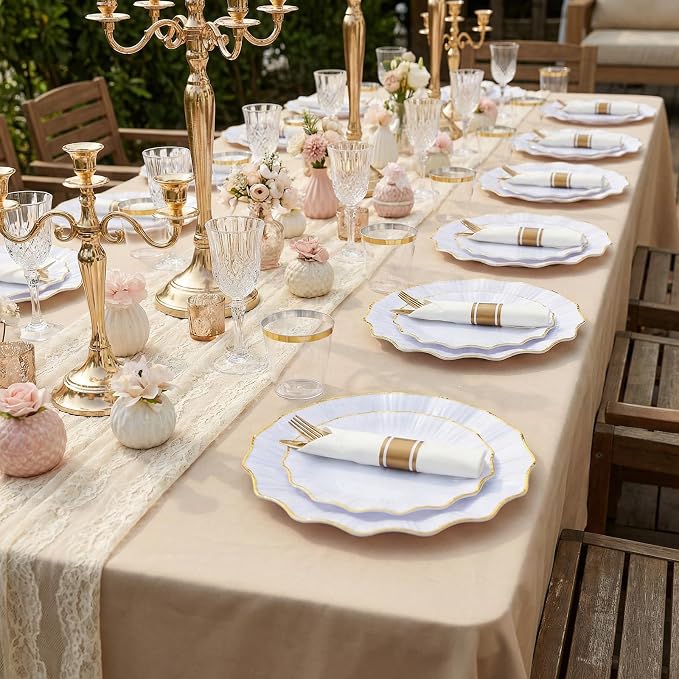 U-QE 175PCS Gold Plastic Plates - Disposable Dinnerware Set for 50 Guests - White and Gold Plates and Napkins Party Supplies include 50 Plates, 25 Per Rolled Napkins with Gold Cutlery, 25 Cups