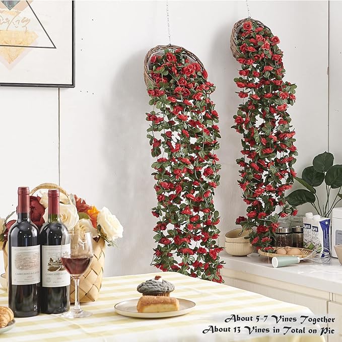 PONKING 6 Pcs x 8.2 ft Flower Garland Artificial Rose Vine Flowers with Green Leaves Hanging Fake Roses Vine for Room Party Home Wedding Birthday Christmas Wall Arch Decor, Spring Red Flower