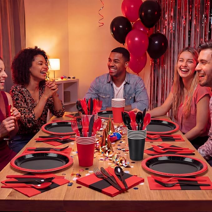 Pajean 350 Pcs Red and Black Party Decorations 12 in Disposable Oval Plates and Napkins Black and Red Heavy Duty Paper Tableware Set for 50 Guests Birthday Baby Shower Wedding Fiesta Party Supplies