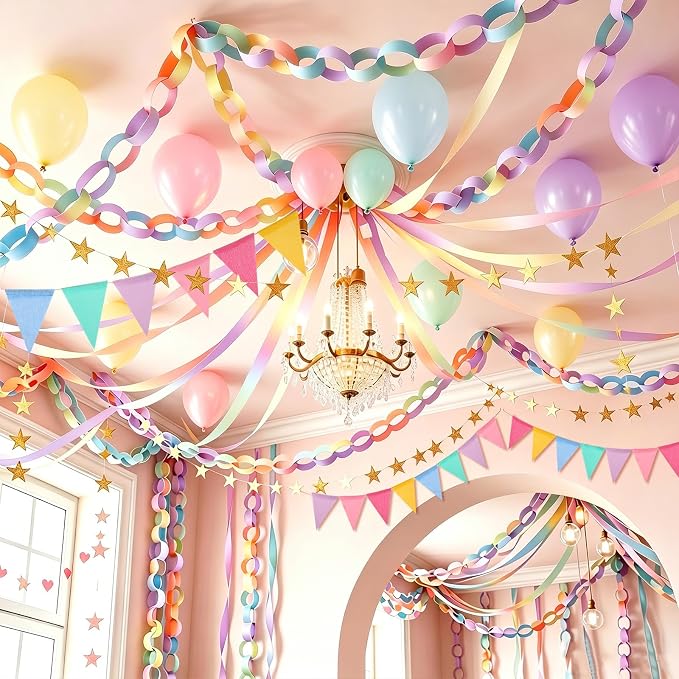 FYSUIMU Pastel Decorations 300Pcs Colorful Paper Chain Stripe 100Pcs Balloon 656 Ft Crepe Paper Streamer 65.6 Ft Gold Star Garland 13.1 Ft Flag Banner for Back to School Wedding Backdrop DIY Crafts