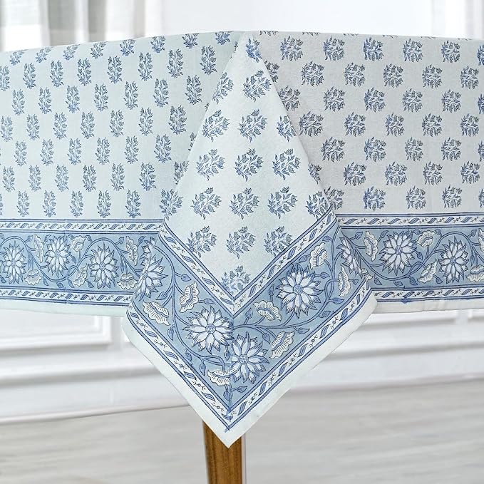 Ridhi Sky Beau Blue Hand Block Print Cotton Rectangle Tablecloth 118" x 70" inches Reusable Table Cover Decorative Everyday Use for Dining Room, Farmhouse, Home Gift for Spring, Mother's Day
