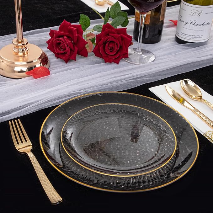 Hioasis 60pcs Black Plastic Plates - Gold Rimmed Disposable, Hammered, Heavy-duty Dinnerware Set Suitable for 30 Guests, 10.25" Dinner & 7.5" Dessert Plates for Party & Wedding