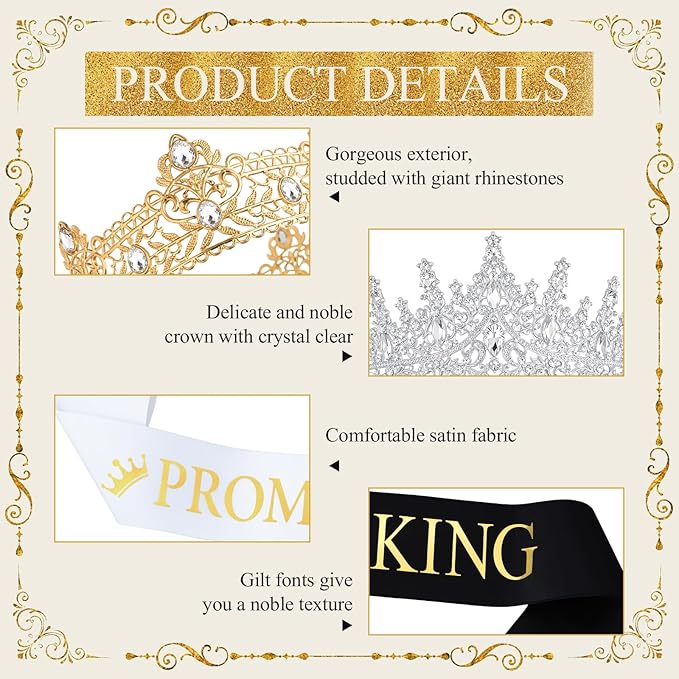 Retrowavy 4 Pcs Prom King and Queen Crown Set with Sashes Prom King Queen Sash and Tiara Set for 2026 Grad Birthday Carnival Wedding Costume Accessories(Gold,Silver)