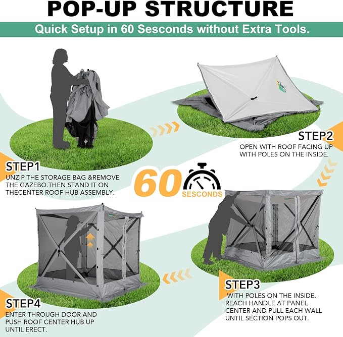 COBIZI 6x6 FT Pop up Gazebo, Popup Canopy Tent, Waterproof Screened in Gazebos,Portable Outdoor Small Screen Tents Sun Shelter,carpas para Patio for Camping, Garden and Backyard,Gray