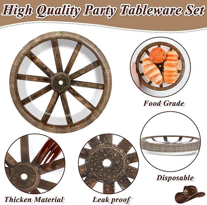 96Pcs Western Cowboy Party Paper Plates and Napkins for Western Party Supplies Wooden Wagon Wheels Themed Paper Dessert Plates Tableware Set for Kids Boys 24 Guests Birthday Party Decoration
