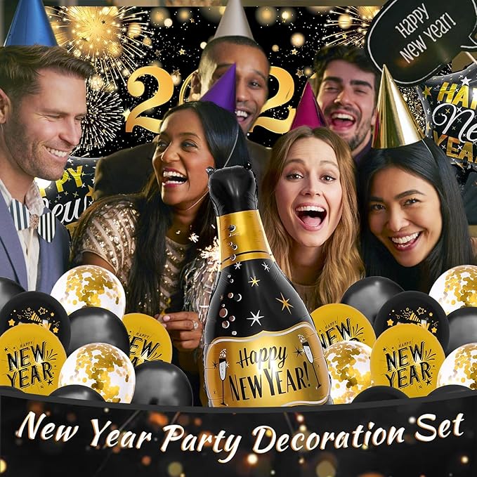 New Years Decorations Party Supplies 2026 40PCS Happy New Years Eve Balloons Decorations for 2026 Photo Props Party Background Black and Gold Balloons Banner Hats Glasses (Black)