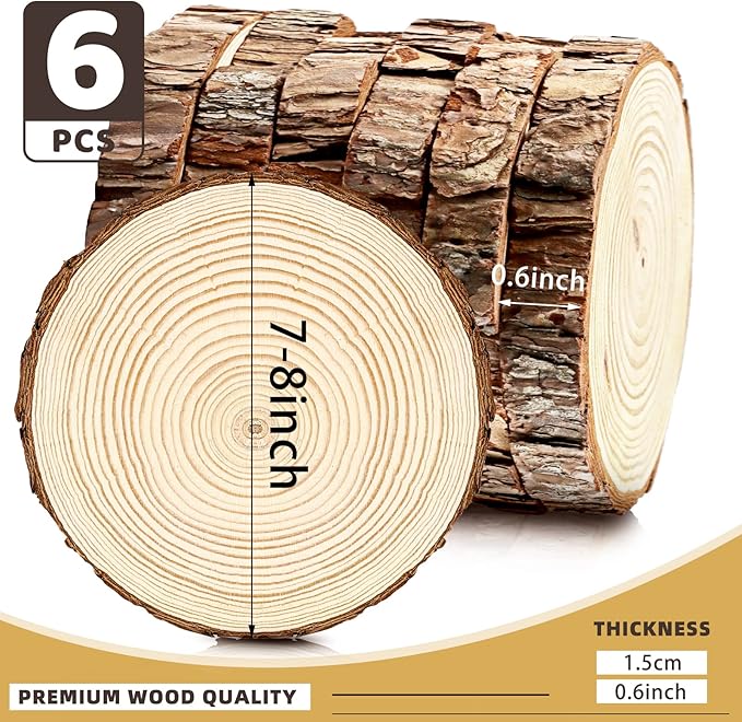 FSWCCK 6 Pack Nature Unfinished Round Wood Slices, 7-8 Inches Wooden Circle, Large Wood Slabs for Weddings Centerpieces Decor and DIY Painting Crafts