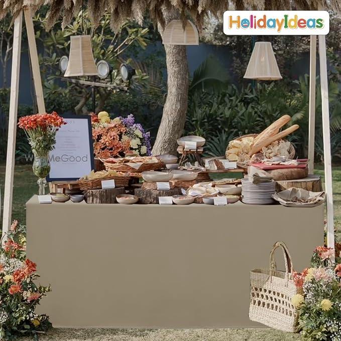 HolidayIdeas 4-Pack 4ft Open Back Fitted Tablecloths for Craft Shows Taupe | 3-Sided coverage wrinkle resistant tablecloths for vendor booths,banquet events,outdoor pop-up shop