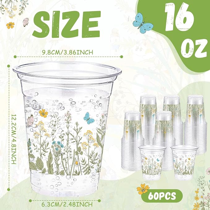 Hushee Wildflower 60 Pcs Party Cups 16 oz Plastic Disposable Drinking Cups for Birthday Love Baby in Bloom Baby Shower Summer Fresh off The Market Bridal Shower Decorations Supplies