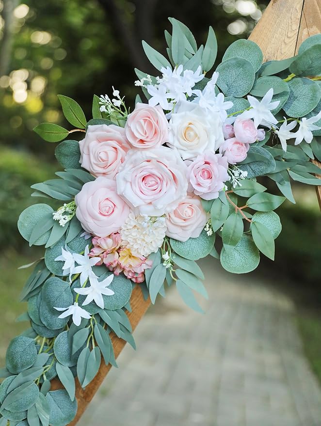Artificial Pink Wedding Arch Flowers Swag Set of 2 for Welcome Signs, Reception and Ceremony Decorations, Cream Floral Decor, UD-002