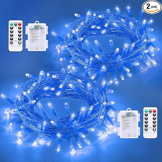 QITONG 2 Pack Battery Operated String Lights, Each 33ft 100 LED Blue Christmas Lights Outdoor Waterproof, 8 Modes Clear Wire Twinkle Fairy Lights Indoor with Remote