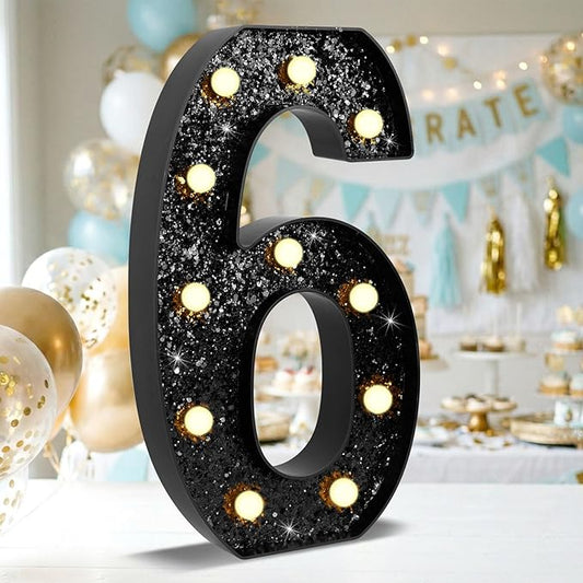 12.6 Inch LED Black Marquee Light Up Numbers, 6th Birthday Decorations Number Lights as Gifts for Girls Boys, Glitter Lighted Marquee Numbers for Black Anniversary Party Table Decor, 6