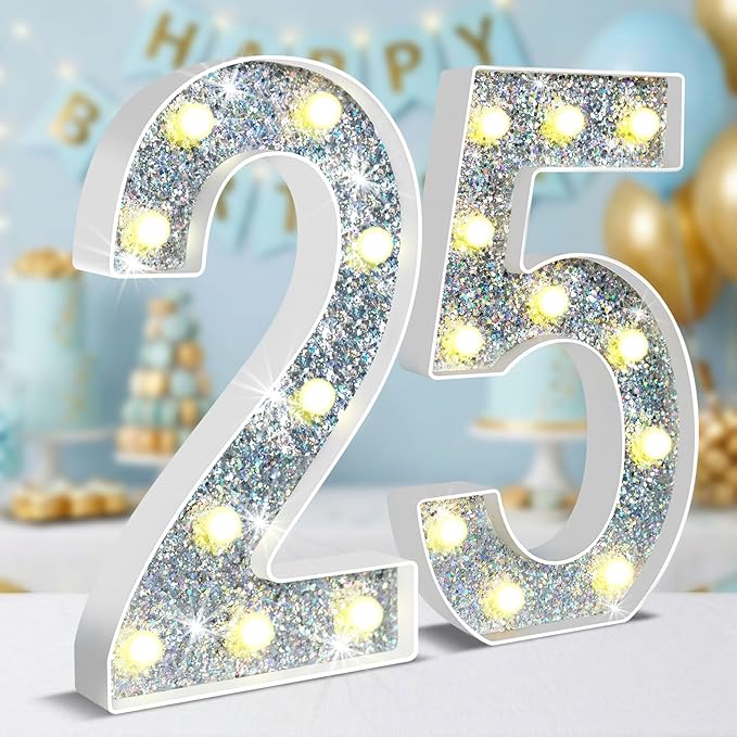 12.6 Inch LED Silver Marquee Light Up Numbers, 25th Birthday Decorations Number Lights as Gifts for Women Men, Glitter Lighted Marquee Numbers for Silver Anniversary Party Table Decor, 25