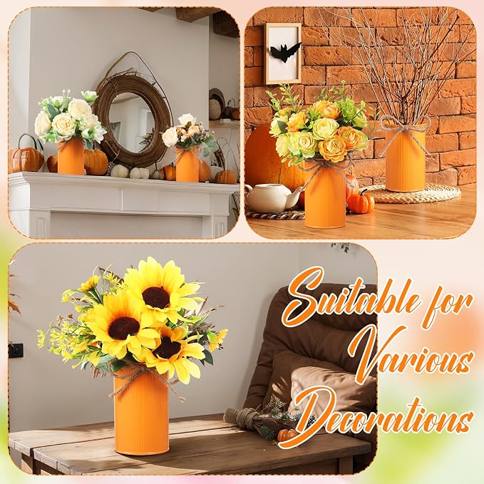 Rustic Vase for Table Centerpieces 4.33 Inch Small Petite Flower Vase with Twine Bow Vintage Farmhouse Decor for Wedding Reception Dining, Home Galvanized Metal Buckets(Orange,12 Pcs)