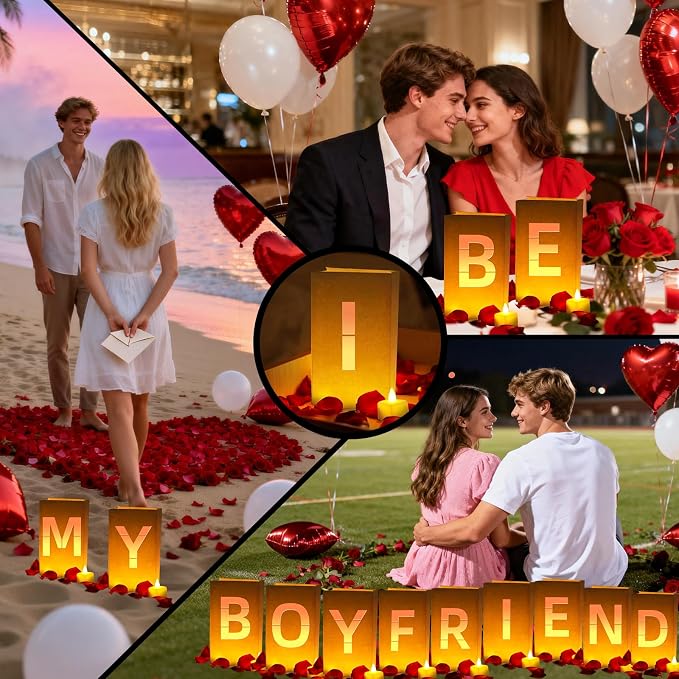 Be My Boyfriend Light Up Letters, Include Light up Letters, with Tea Lights Candles, Latex Balloons, Aluminum Balloons and Rose Petals, Anniversary and Valentines' Day Decorations for Women