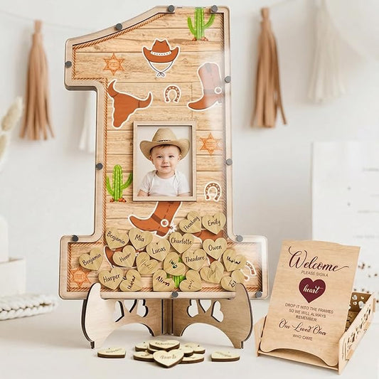 The Real Bossy Baby - My First Rodeo Cowboy Birthday Guest Book Keepsake Frame Decoration - Large Premium Wooden Shadow Box -First Birthday Gift Ideas - Luxury Nursery Decor - 1st Birthday Photo Frame