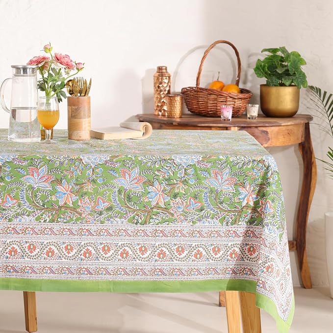 Hand Block Printed Tablecloth, Colorful Floral Print, Indian Artisan Handmade Art, Dining Room, Kitchen, Outdoor Décor, (Forest Ash Elegance, 8 Seater 72 x 108 Inches Rectangle)