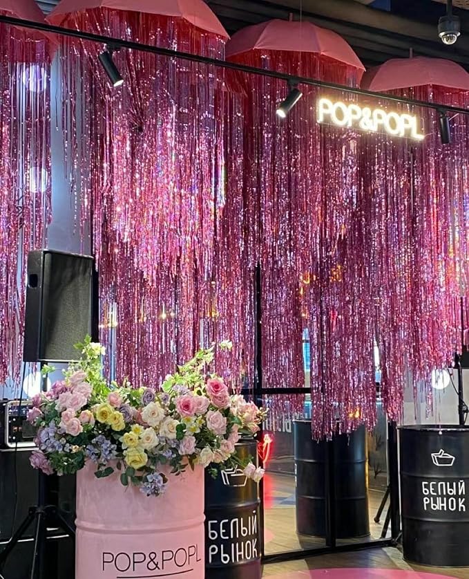 GOER 3.2 ft x 9.8 ft Metallic Tinsel Foil Fringe Curtains Party Photo Backdrop Party Streamers for Birthday,Graduation,New Year Eve Decorations Wedding Decor(1 Pack,Laser Pink)