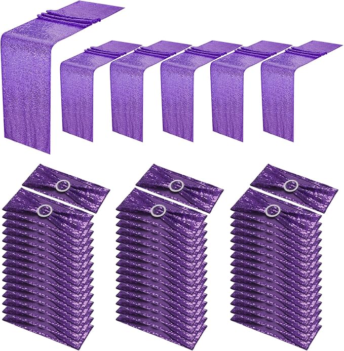 54 Pieces of Purple Sequin Chair Ribbons and Table Runners, 48 Sequin Chair Bows, 6 Glitter Table Runners, Suitable for Wedding Parties Birthday Meeting Events Decorations (Purple)