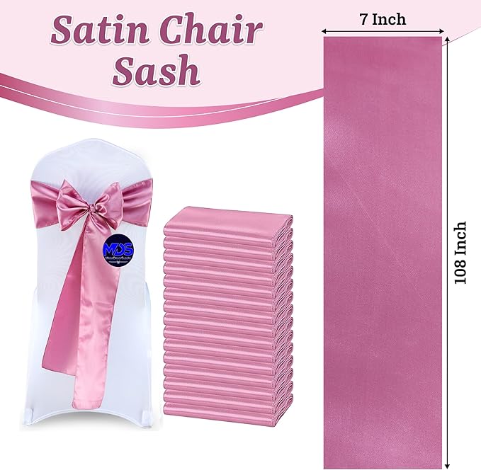 MDS Satin Chair Sashes, 200 Pack, 7”x108” Each, Decorative Chair Bows Ribbon Tie Backs for Wedding Party, Holiday Dinner, Birthday, Reception, Banquet, Hotel & Event Decoration - Dusty Pink