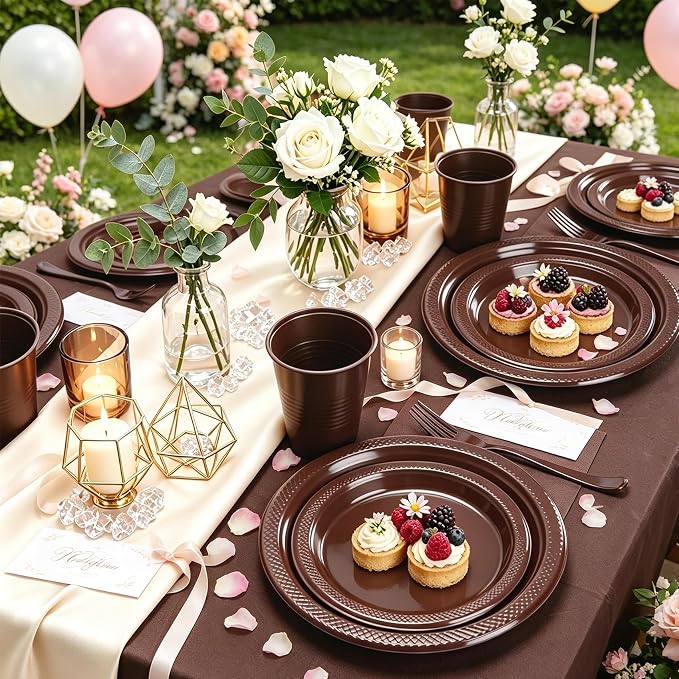 Brown Plastic Plates for Party,30 Guest Disposable Brown Party Supplies Including Dinner&Dessert Plate,12oz Cups,Cutlery,Napkins & Tablecloth Dinnerware Decorations for Birthday Wedding