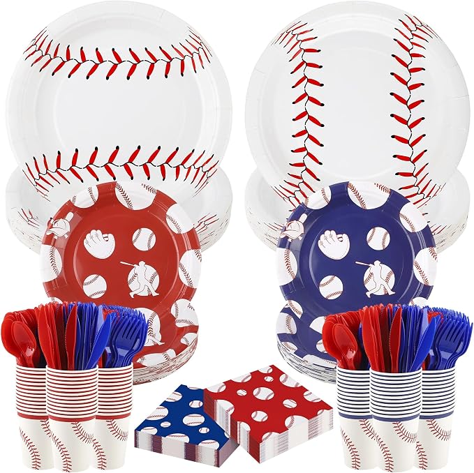 Kochorie 400 Pieces Baseball Disposable Tableware Sets, Baseball Party Supplies with Plates Cups Napkins Cutlery Serves 50 for Birthday Sports Party Decorations