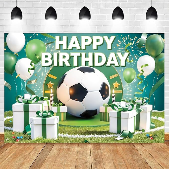 Football Birthday Backdrop 7Wx5H Feet Polyester Fabric Boys Kids Sports Theme Soccer Field Balloon Gifts Decoration Green Stadium for Adults Teens Photography Background Photo Shoot Props