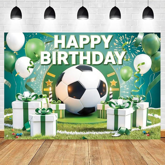Football Birthday Backdrop 7Wx5H Feet Polyester Fabric Boys Kids Sports Theme Soccer Field Balloon Gifts Decoration Green Stadium for Adults Teens Photography Background Photo Shoot Props