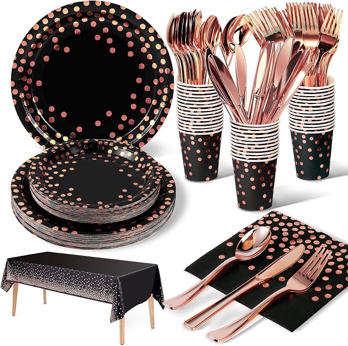 Nkaiso 141 Pieces Black and Rose Gold Party Supplies, Disposable Party Decorations Sets Include Paper Plates Napkins Cups, Plastic Forks Knives Spoons, for Baby Shower Birthday Wedding -20 Guests