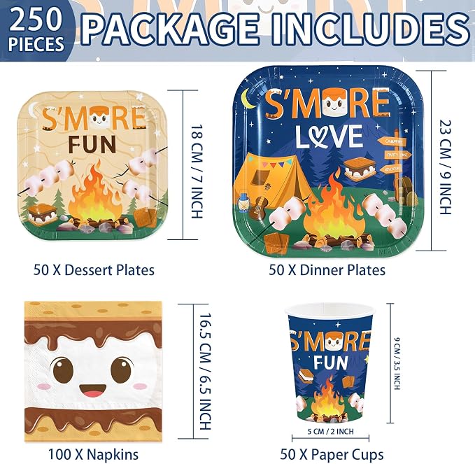 250Pcs S'more Camping Birthday Party Decorations S’More Love Fun Plates Napkins Cups Disposable Camping Campfire Bonfire Tableware Set for Kids Labor Day Adventure Baby Shower Party Supplies Serves 50