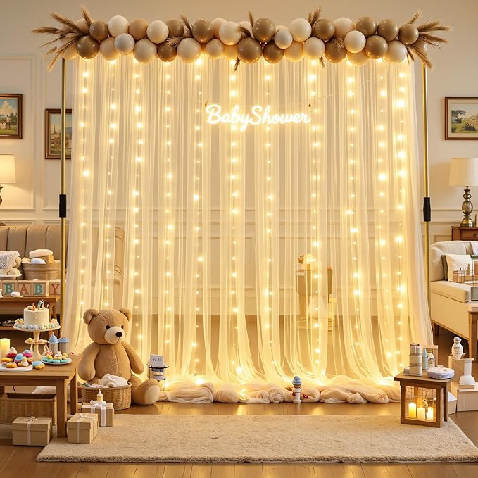 20×12ft Champagne Tulle Backdrop Curtain with Lights String for Parites Sheer Fabric Backdrop Curtains for Wedding Baby Shower Birthday Party Backdrop Drapes Photo Shoot Background 4 Panels 5ft×12ft