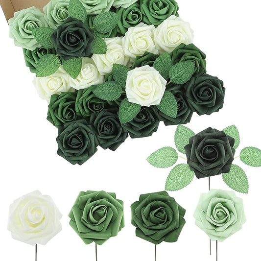 DuHouse 25Pcs Artificial Roses Flowers Fake Roses with Stems Real Touch Foam Flowers for DIY Wedding Bouquet Centerpiece Floral Arrangement Party Home Decor(Ivory Green)