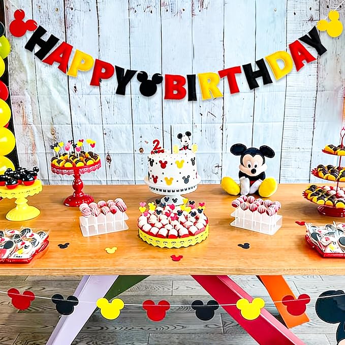 Reusable Cartoon Mouse Birthday Party Decorations - Pre-Strung Happy Birthday Banner with Red Black Yellow Mickey Style, Personalized Birthday Sign for Boys Girls Kids Babies Birthday Party Supplies