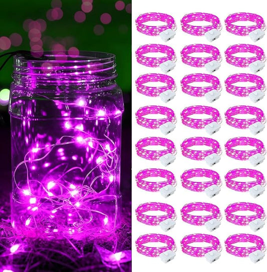24 Pack Pink Fairy Lights Battery Operated, 7ft 20 LED Mini String Twinkle Lights for Valentine's Day Easter Christmas Halloween Mason Jars Centerpiece Table Decorations (24, Pink)