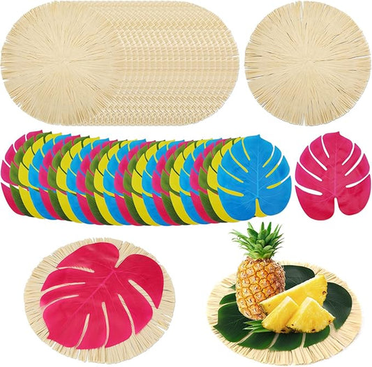 FillTouch 48 Pcs Hawaiian Table Placemats Tropical Luau Round Placemats with Palm Leaves & Fringe Decor for Tropical Party Decorations Havana Party Favors