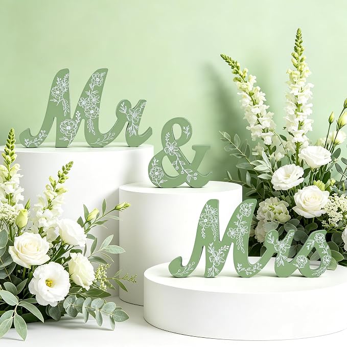 Mr & Mrs Sign for Wedding Table Sage Green Floral Wedding Decorations for Reception Rustic Wooden Freestanding Letters Table Centerpieces Wooden Photo Booth Props for Wedding Bridal Anniversary Supplies