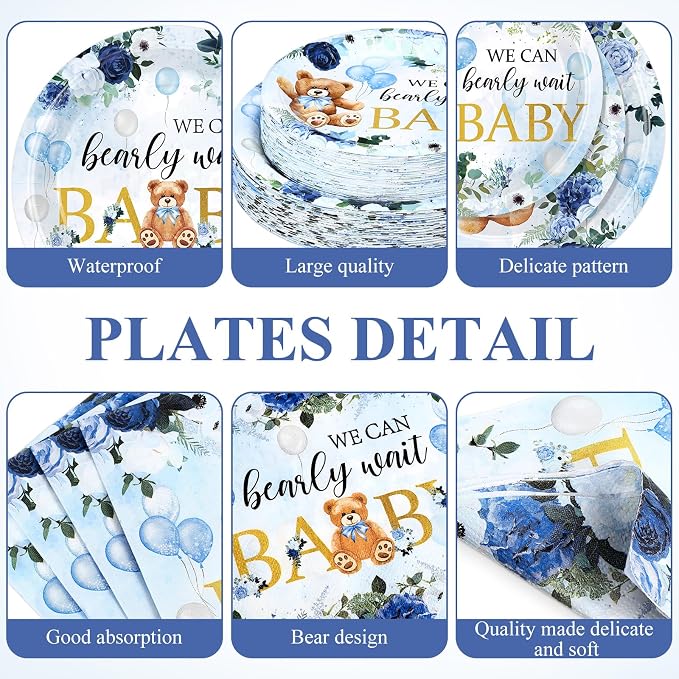 Funnymoom 250 Pcs We Can Bearly Wait Baby Shower Party Decorations Blue Paper Plates Napkins and Cups Bear Boy Party Tableware Set for Spring Baby Shower Gender Reveal Supplies, Serves 50