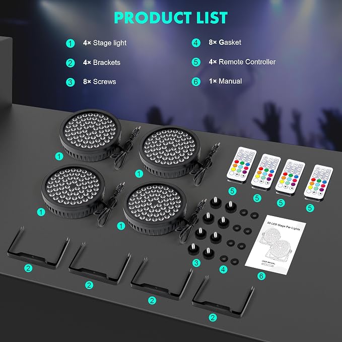 90W RGB Stage Par Lights with Ambient Light Strip - Dual Layer Halo Effect, DMX512 & Sound Activation, 60 LEDs Uplight for Wedding Party DJ Church Concert Indoor (4 Pack)