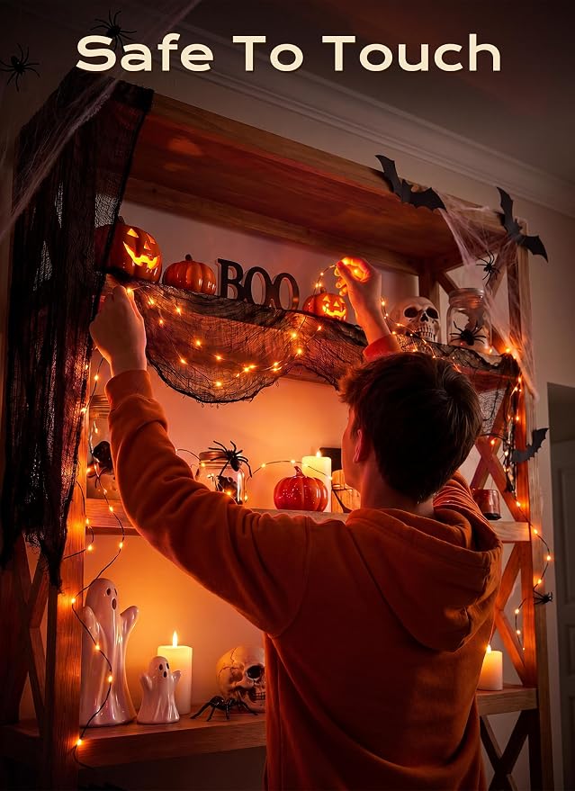 Halloween Fairy Lights Plug in, 33Ft 100LEDs Orange Fairy Lights, Waterproof Flexible Black Wire String Lights for Bedroom Home Party Ghost Haunted House Indoor Outdoor Halloween Decorations, Orange