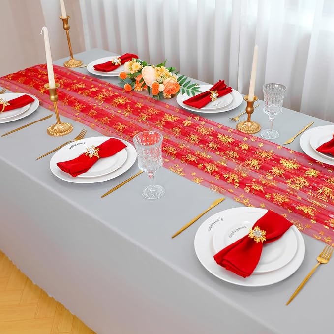 Snowkingdom Red Table Runner, 120 Inches Long Sheer Tulle with Gold Snowflake for Winter Holiday Wedding Home Party Table Decor