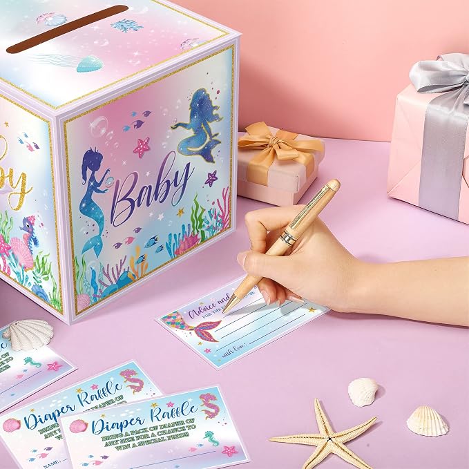 Teling 51 Pieces Diaper Raffle Tickets with Card Box Baby Shower Decorations Baby Shower Holder Box for Girl Boy Diaper Raffle Party(Mermaid)