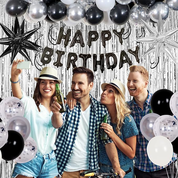 Black Silver Birthday Party Decorations for Men Women, Party Decorations Kit with Black Happy Birthday Banner, Star Balloon, Silver Fringe Curtain, Hanging Swirls for DIY Theme Bday Party
