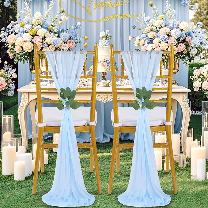 QueenDream Light Blue Sashes Chair Aisle Decorations: 36 Pack Baby Shower Chair Cover 8FT Long Tulle Draping Fabric Wedding Reception Church