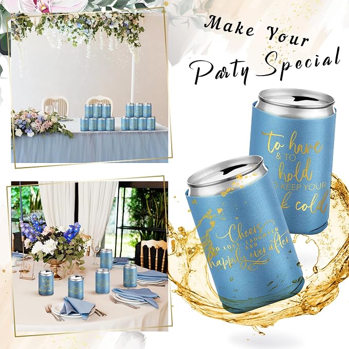 Qinyoung 50 Pieces Haze Blue Wedding Can Cooler Bulk Engagement Party Favors for Guests Cheers to Love and Happily Ever After Rehearsal Dinner Decorations for Wedding Bridal