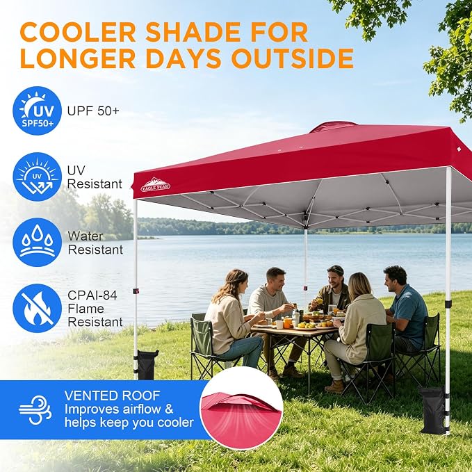 EAGLE PEAK Pop Up Canopy Tent with Wheeled Carry Bag, 8 Stakes, 4 Ropes, 4 Weight Bags, Easy Set Up Tent Canopy, 12x12 ft, 144sqft of Shade, Red